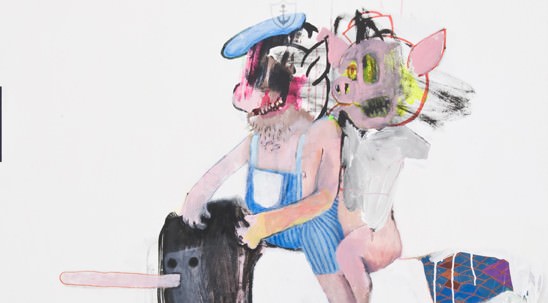 "Putos cerdos", Bel Fullana, 2013. Acrílico, rotulador, lápiz y bolígrafo sobre tela. 160x130 cm.