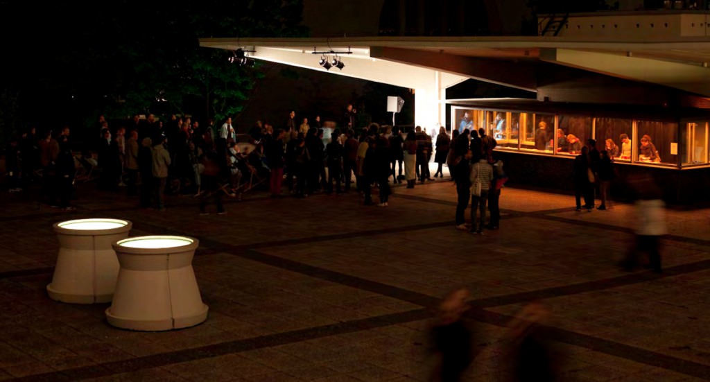 “19 hours at the kiosk, Haus der Kulturen der Welt, Berlin, 2012; commissioned by Valerie Smith; spatial design and programming by Studio  Miessen. Photography by Eugster and Affolter.”