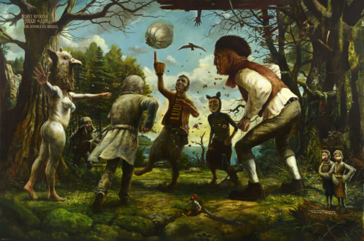 José Luis Serzo. Los Señores del Bosque. Blinky Rotred y el Juego de Ajos, 200x300 cm, Oil on Canvas, 2014. Imagen cortesía del artista y Kir Royal Gallery.