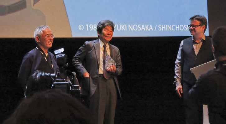 De izquierda a derecha, Toshio Suzuki, como representante del estudio Ghibli, Isao Takahata y Marcel Jean, en la entrega del Cristal d’Honneur en el Festival Internacional de Cine de Animación de Annecy 2014.