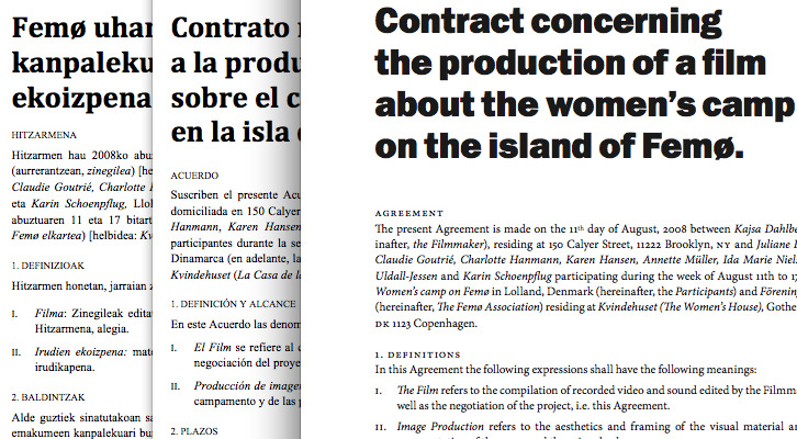 Contrato trilingüe del proyecto de Kajsa Dahlberg en la muestra 'El Contrato', de Bulegoa, en Alhóndiga Bilbao. Imagen cortesía de las organizadoras.