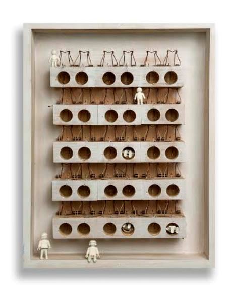 Atrapados por la crisis. Técnica mixta sobre madera (50 x 70 cm).