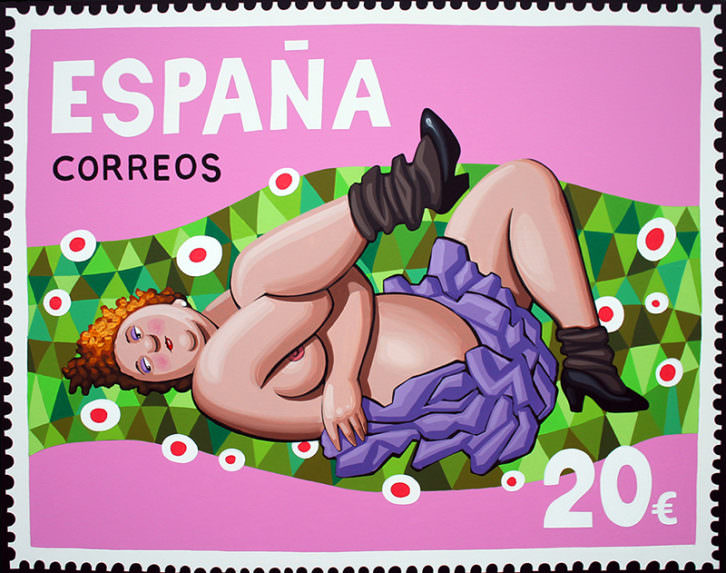'Correos pero rápido', de Javier Granados, aludiendo a 'Desnudo femenino reclinado' de Ego Schiele, en la exposición 'Otra historia'. Imagen cortesía de Alba Cabrera. 