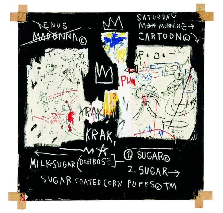 Jean-Michel Basquiat. Panel de expertos, Acrílico y collage sobre madera 60 x 60 en 152.4 x 152.4 cm, 1982. Cortesia de  The Estate of Jean-Michel Basquiat.