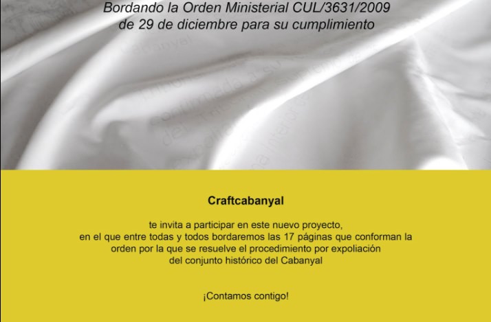 Cartel en el que se anuncia la invitación de CraftCabanyal para el bordado de la orden ministerial.