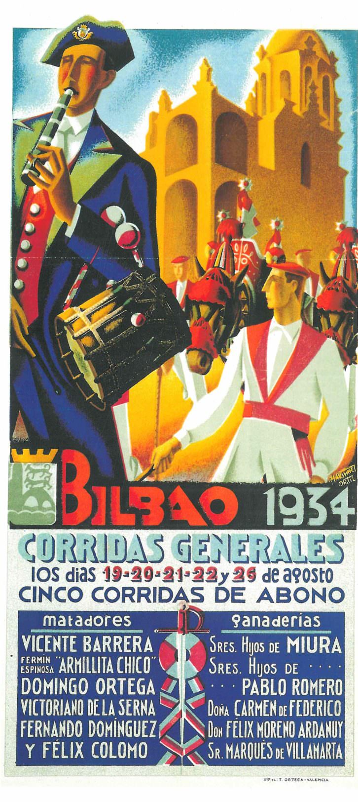 Cartel de Martínez Ortiz para las "Corridas Generales de Bilbao" de 1934. Imagen cortesía de la biblioteca del Museo Taurino de Valencia.