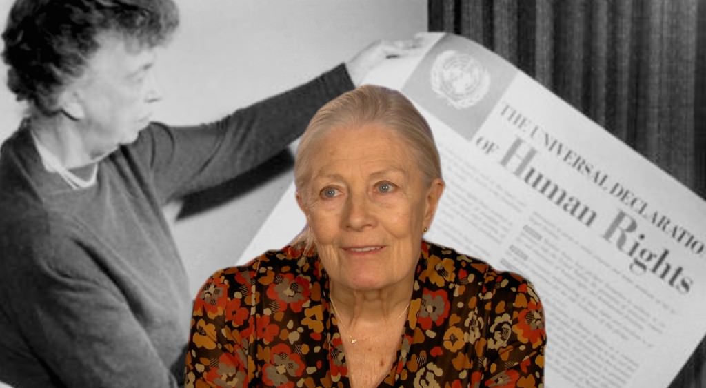 Vanessa Redgrave frente a una imagen de Eleanor Roosevelt anunciando la Declaración Universal de los Derechos Humanos en 1948, perteneciente al documental 'Sea Sorrow'. Fotografía cortesía del festival.