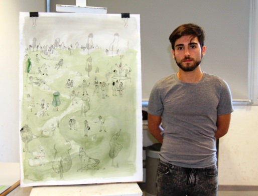 Darío López Martínez ante su dibujo, "Me parecía violento titular la obra". Fotografía, cortesía Facultad de Bellas Artes San Carlos.