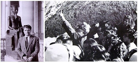 Rafael Pérez Contel (izq.) en el Museo del Louvre (año 1957). Con alumnos del Instituto Josep de Ribera en viaje de estudios en Hellín (años 70). Imagen cortesía de Alejandro Macharowski.