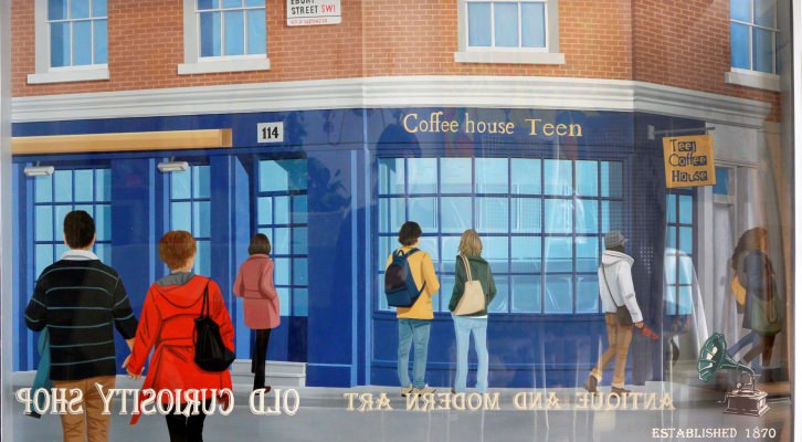 Cofee house teen, óleo y acrílico s/aluminio y metacrilato (90 x 150 cm), de Virginia Kelle. Imagen cortesía de la artista.