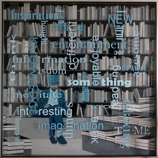 UNKNOWN READER, óleo y acrílico s/aluminio y metacrilado (150 X 150 cm), de Virginia Kelle. Imagen cortesía de la artista.