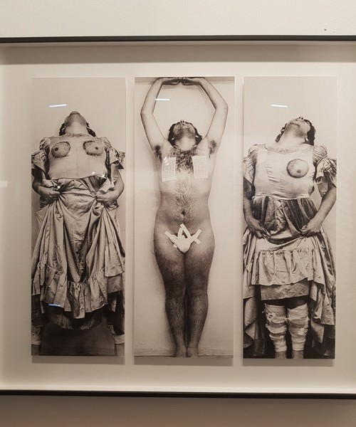 «El Perchero». Carlos Leppe, 1975. Fotografía en blanco y negro en papel sobre forex. 50 x 14,7/ 50 x 15,2/50 x 16 cm.