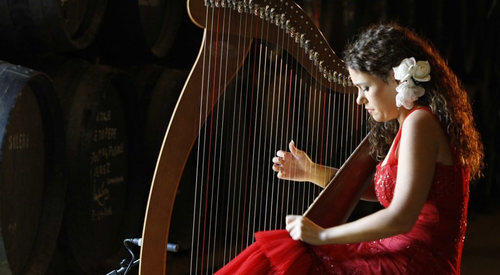 La arpista Ana Crismán Arpajonda durante uno de sus conciertos. Fotografía: Esme Cote (cortesía de Fundación Cañada Blanch).