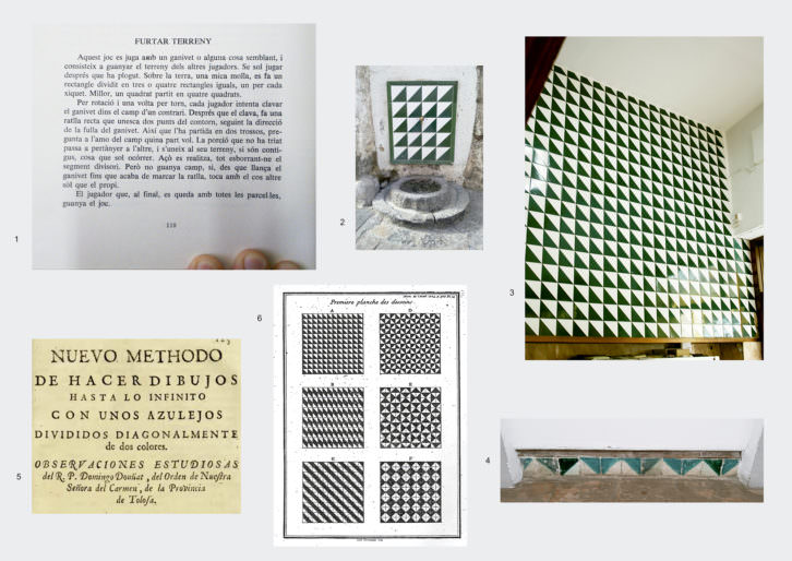 1.BATALLER CALDERÓN, J. (1979) Els Jocs del Xiquets al País Valenciá. Valencia: I.C.E., p.118 2.Fuente a la entrada de la Puerta de la Judería, Sagunto, Valencia 3.	Bar Blesa, en el nº30 de la calle Serranos, Valencia 4.	Cenefa en una antigua puerta del actual Centro del Carmen de Valencia 5.	Portada de la edición de 1722 de Dominique Douat, seguidor de Truchet 6.	Premiere planche des desseins  en Sébastien TRUCHET, « Mémoire sur les combinaisons », 1745.