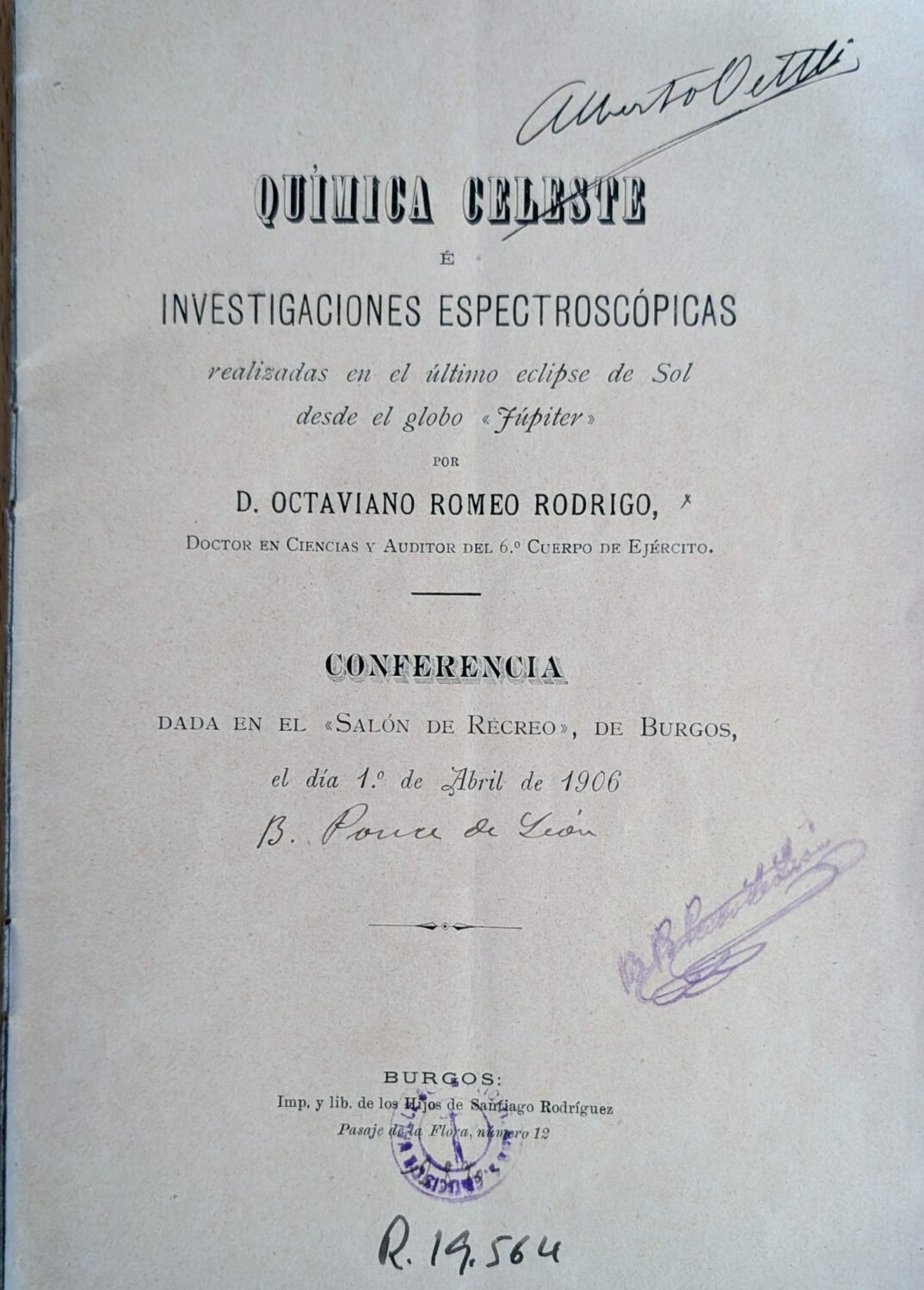 Portada del folleto de la conferencia 'Química celeste é investigaciones espectroscópicas', impartida por Octaviano Romeo Rodrigo en el Salón de Recreo de Burgos, en 1906.