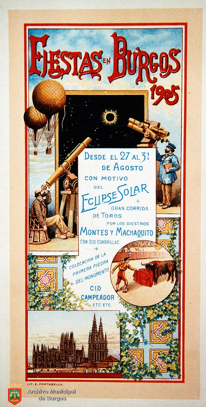 Cartel de las Fiestas en Burgos de 1905, organizadas del 27 al 31 de agosto con motivo del gran eclipse solar total.