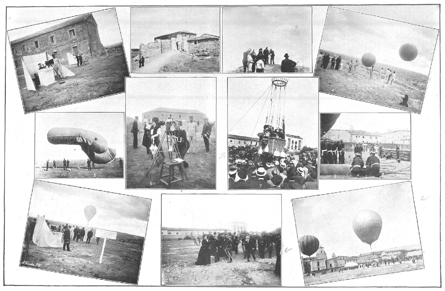 Preparativos e inflado de globos aerostáticos del Servicio de Aerostación de los Ingenieros Militares para la observación científica del eclipse total de sol desde el Castillo y el Monasterio de San Juan (Burgos), el 30 de agosto de 1905. Lámina de la Biblioteca Nacional de España.